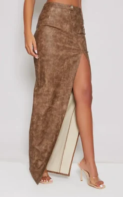 Tall Washed Brown Pu Buckle Detail Split Maxi Skirt