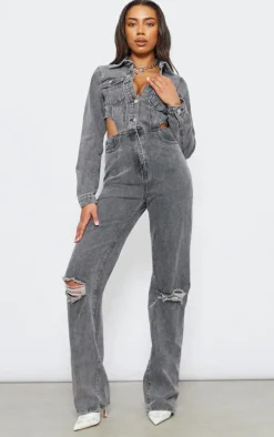 Tall Washed Charcoal Denim Cut Out Jumpsuit
