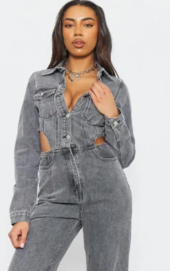 Tall Washed Charcoal Denim Cut Out Jumpsuit