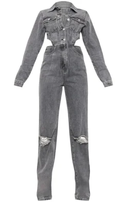 Tall Washed Charcoal Denim Cut Out Jumpsuit