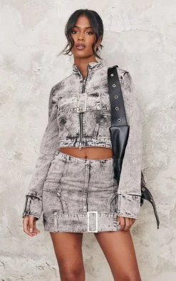 Tall Washed Grey Belt Detail Fitted Denim Jacket