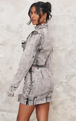 Tall Washed Grey Belt Detail Fitted Denim Jacket