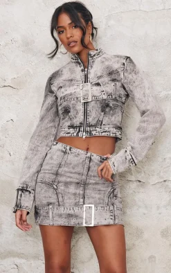 Tall Washed Grey Belt Detail Fitted Denim Jacket