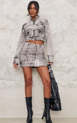Tall Washed Grey Belt Detail Denim Mini Skirt