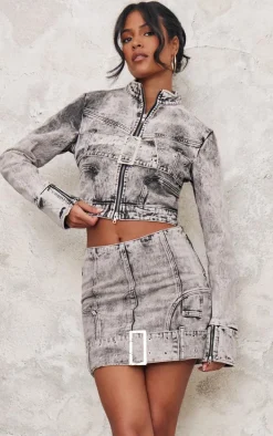 Tall Washed Grey Belt Detail Denim Mini Skirt