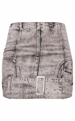 Tall Washed Grey Belt Detail Denim Mini Skirt
