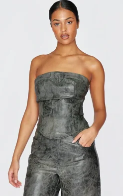 Tall Washed Grey Faux Leather Lace Up Detail Corset Top