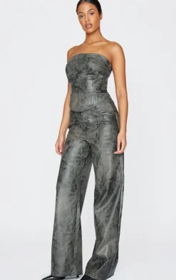 Tall Washed Grey Faux Leather Lace Up Detail Corset Top