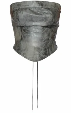 Tall Washed Grey Faux Leather Lace Up Detail Corset Top