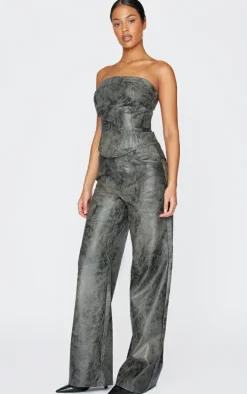 Tall Washed Grey Faux Leather Wide Leg Pants