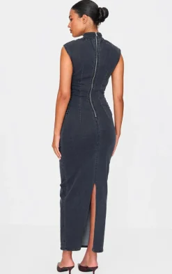 Tall Washed Grey High Neck Sleeveless Denim Midaxi Dress