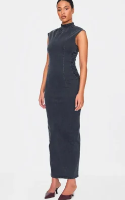 Tall Washed Grey High Neck Sleeveless Denim Midaxi Dress