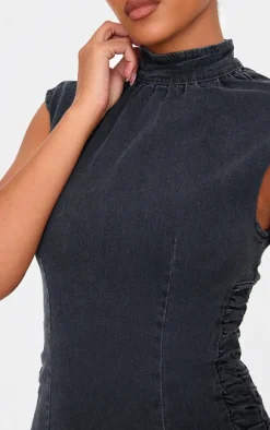Tall Washed Grey High Neck Sleeveless Denim Midaxi Dress