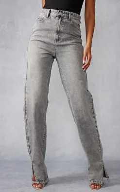 Tall Washed Grey High Rise Split Hem Detail Jeans