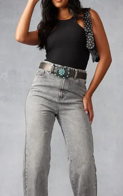 Tall Washed Grey High Rise Split Hem Detail Jeans