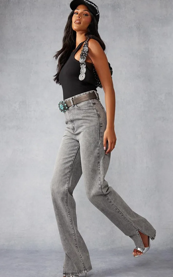 Tall Washed Grey High Waist Split Hem Jeans