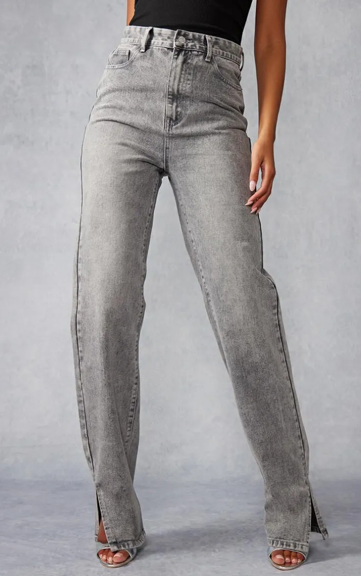 Tall Washed Grey High Waist Split Hem Jeans