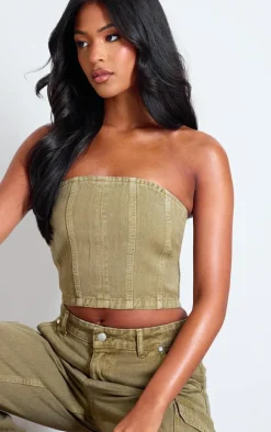 Tall Washed Khaki Denim Bandeau Corset Top