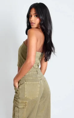Tall Washed Khaki Denim Bandeau Corset Top