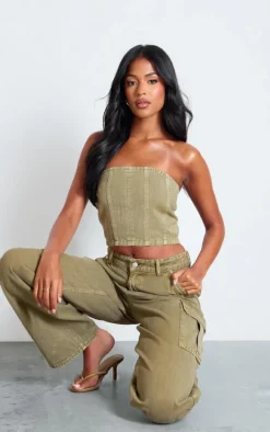 Tall Washed Khaki Denim Bandeau Corset Top