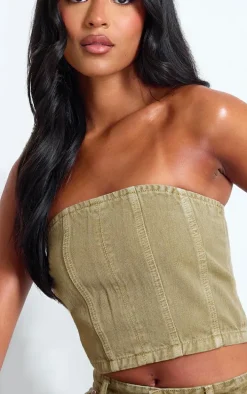 Tall Washed Khaki Denim Bandeau Corset Top