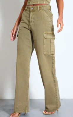Tall Washed Khaki Low Rise Wide Leg Cargo Jeans