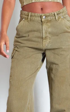 Tall Washed Khaki Low Rise Wide Leg Cargo Jeans