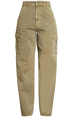 Tall Washed Khaki Low Rise Wide Leg Cargo Jeans