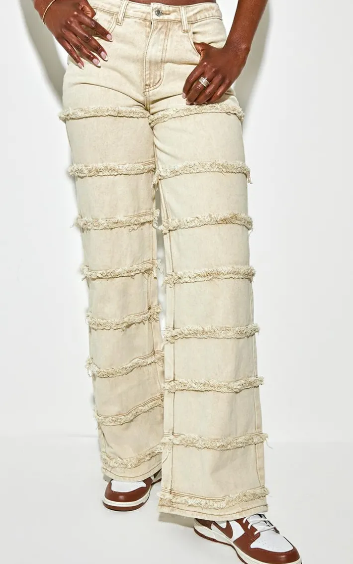 Tall Washed Stone Frayed Striped Seam Mid Rise Wide Leg Jean