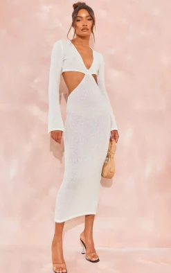 Tall White Bobble Knit Long Sleeve Cut Out Midaxi Dress