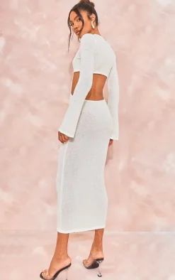Tall White Bobble Knit Long Sleeve Cut Out Midaxi Dress