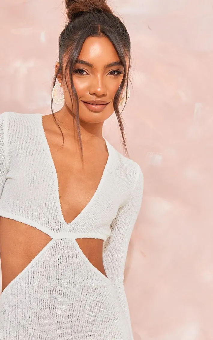 Tall White Bobble Knit Long Sleeve Cut Out Midaxi Dress
