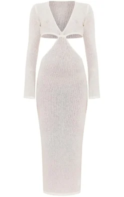 Tall White Bobble Knit Long Sleeve Cut Out Midaxi Dress