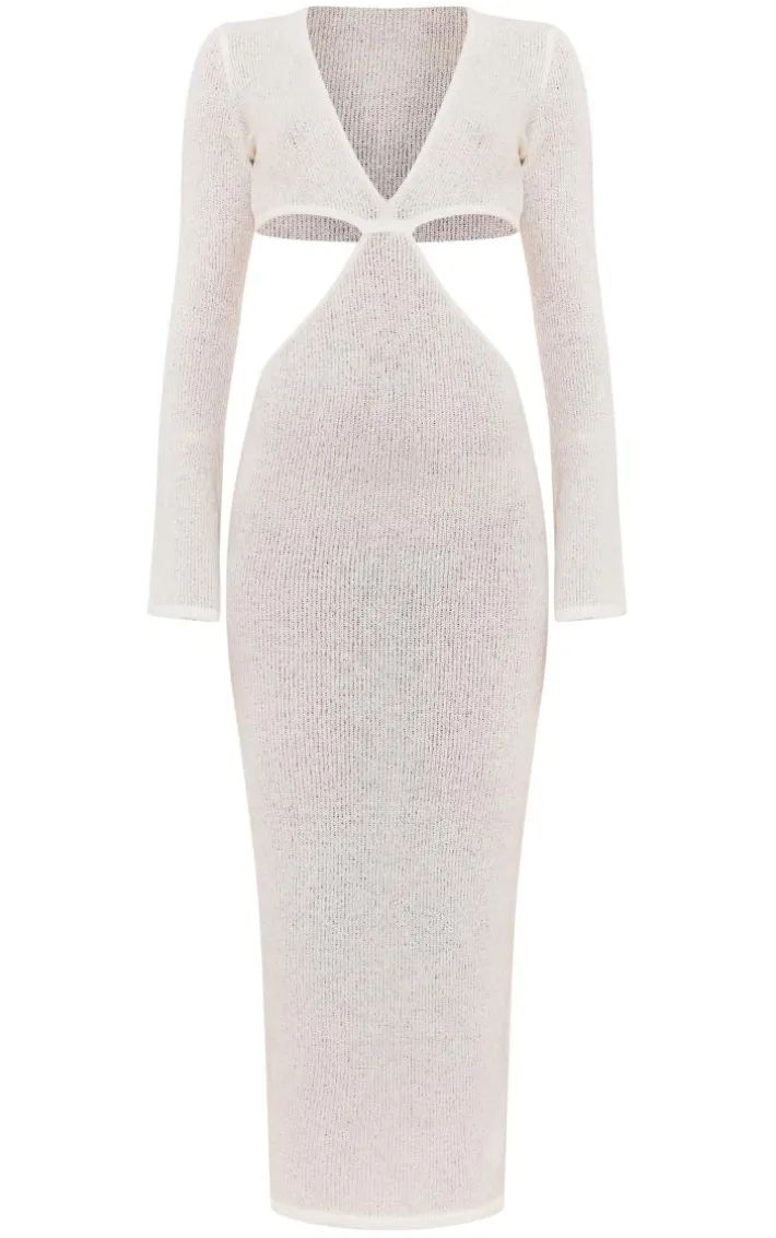 Tall White Bobble Knit Long Sleeve Cut Out Midaxi Dress