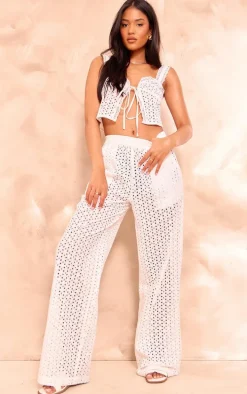 Tall White Broderie Detail Tie Front Crop Top