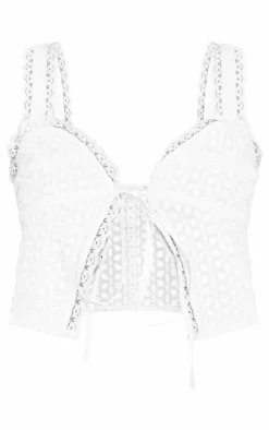 Tall White Broderie Detail Tie Front Crop Top