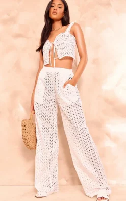 Tall White Broderie Detail Wide Leg Pants