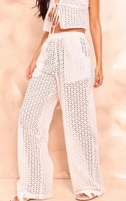 Tall White Broderie Detail Wide Leg Pants
