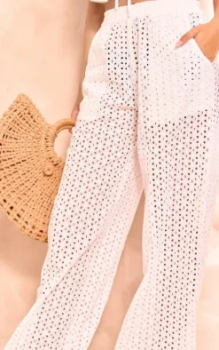 Tall White Broderie Detail Wide Leg Pants