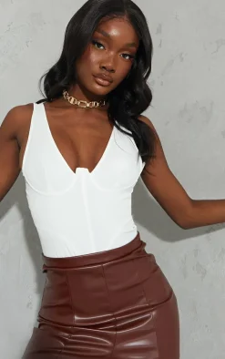 Tall White Corset Detail Woven Bodysuit