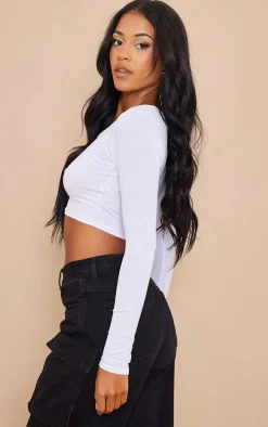 Tall White Long Sleeve Scoop Neck Crop Top