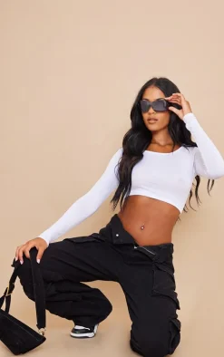 Tall White Long Sleeve Scoop Neck Crop Top