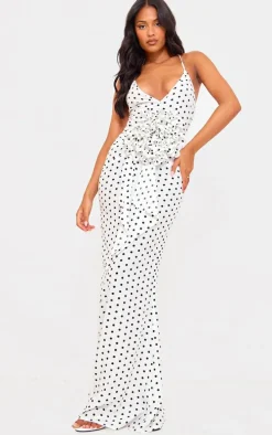 Tall White Polka Dot Satin Rose Detail Maxi Dress