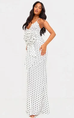Tall White Polka Dot Satin Rose Detail Maxi Dress