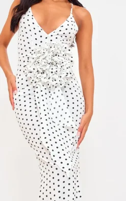 Tall White Polka Dot Satin Rose Detail Maxi Dress