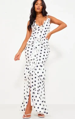 Tall White Polkadot Textured Frill Maxi Dress