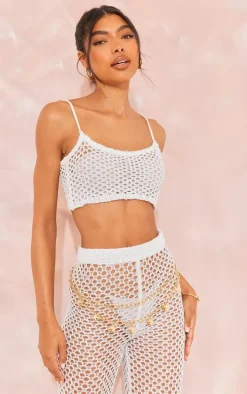 Tall White Sequin Strappy Fishnet Crop Top