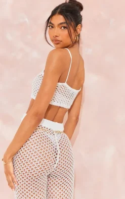 Tall White Sequin Strappy Fishnet Crop Top