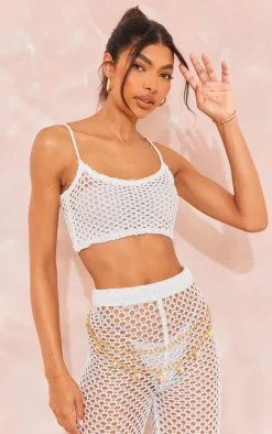 Tall White Sequin Strappy Fishnet Crop Top