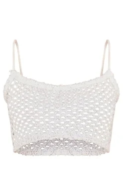 Tall White Sequin Strappy Fishnet Crop Top